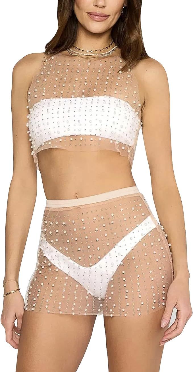 Women's Tank Top Mini Skirt Set 2 Piece Swimsuit Pearl Rhinestone Bikini Cover Up Sheer Beach Swi... | Amazon (US)