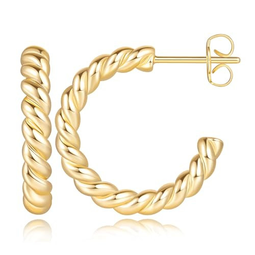NEARLAND 14K Gold Plated Hoop Earrings for Women Gold Plated Earrings Studs Twisted Rope Round Hoop Stud Earring 16/21/25mm (21MM) | Amazon (US)