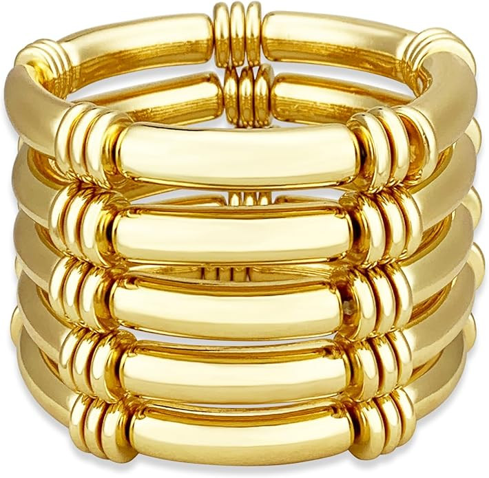 YBMYCM 5PCS Gold Chunky Bangles Bracelets for Women Gold Plated Stackable Layered Curved Bamboo T... | Amazon (US)