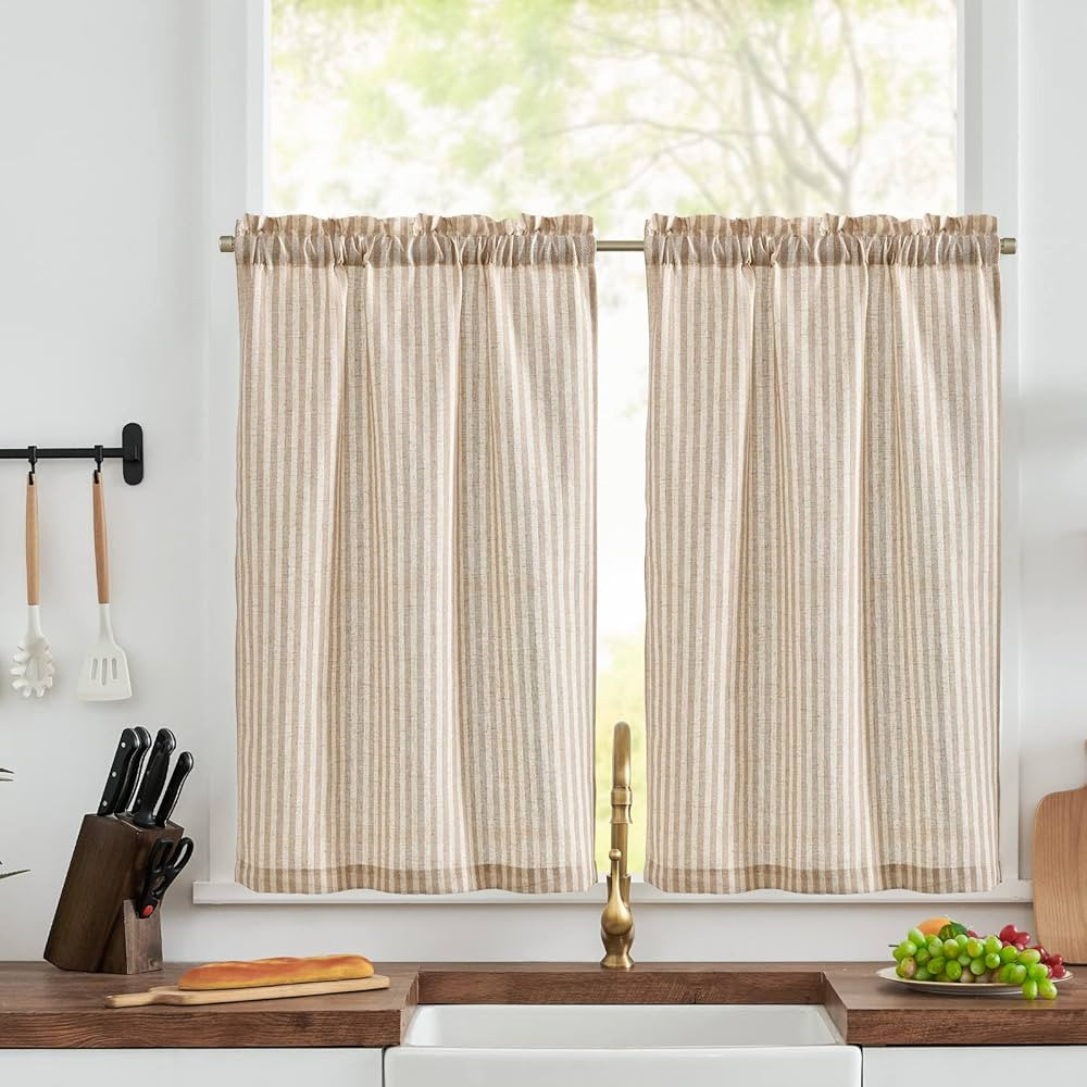 jinchan Kitchen Curtains Striped Tier Curtains Ticking Stripe Linen Curtains Pinstripe Cafe Curta... | Amazon (US)
