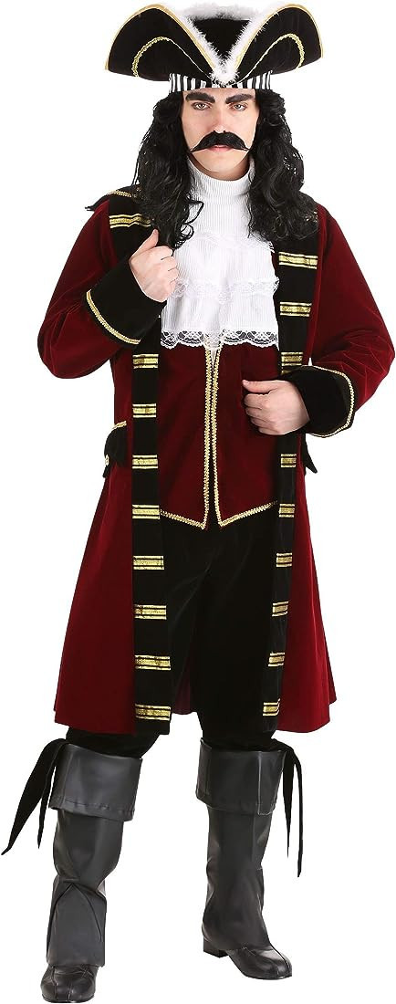 Adult Deluxe Captain Hook Costume Mens, Maroon Fancy Pirate Neverland Halloween Outfit | Amazon (US)