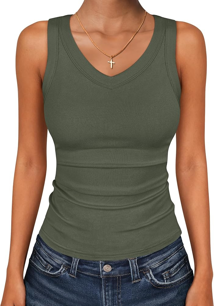 ANRABESS Tank Tops for Women V Neck Ribbed Knit Slim Fitted Sleeveless Basic Tee Tanks Casual Sum... | Amazon (US)