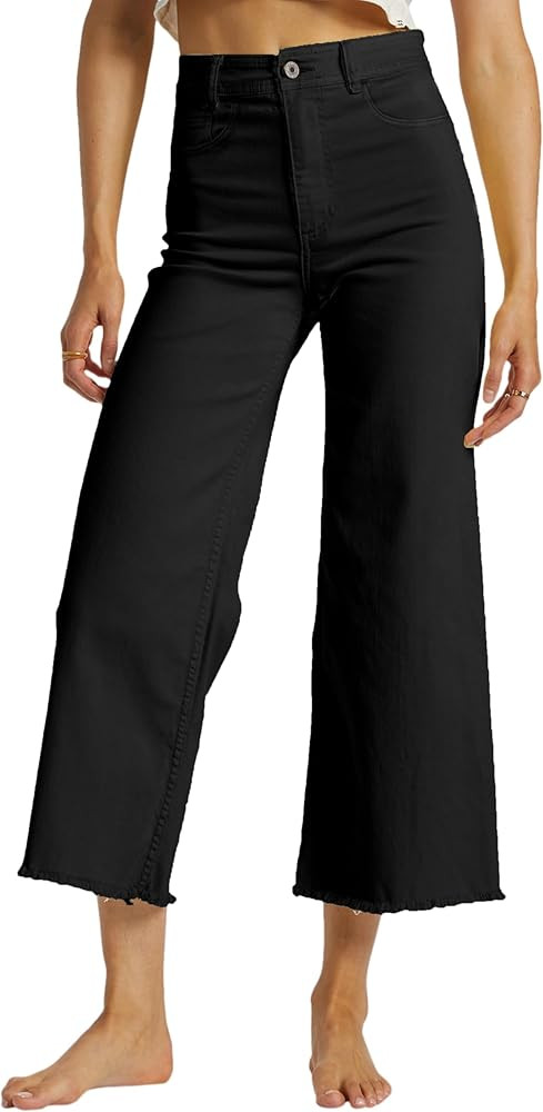 Allimy Women's High Waisted Straight Ankle Wide Leg Ripped Jeans Frayed Hem Stretchy Capri Denim ... | Amazon (US)