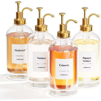 Coffee Syrup Dispenser Set – 4 Glass Bottles with Gold Pumpers and Labels, 16.9 oz (500 ml) Each, Precise Pouring for Coffee Shops & Home Bar | Target