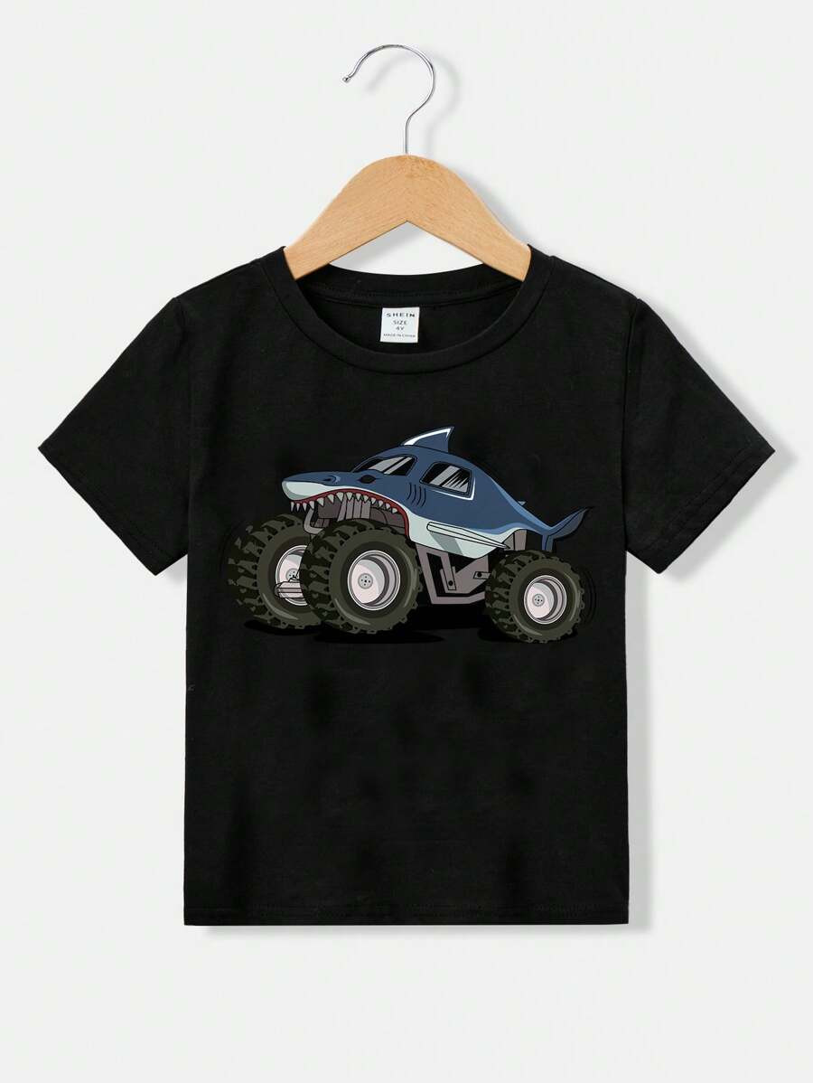Camiseta De Cuello Redondo De Manga Corta Con Estampado De Tiburón Y Coche Para Jóvenes, Perfec... | SHEIN
