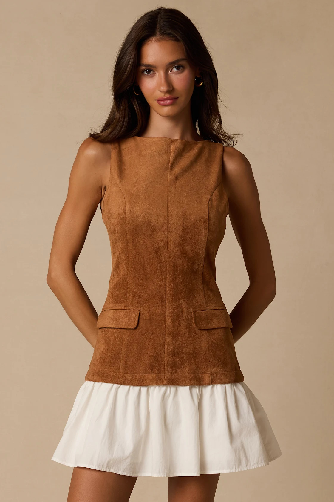 Rana Light Brown Suede Drop Waist Mini Dress | Lulus