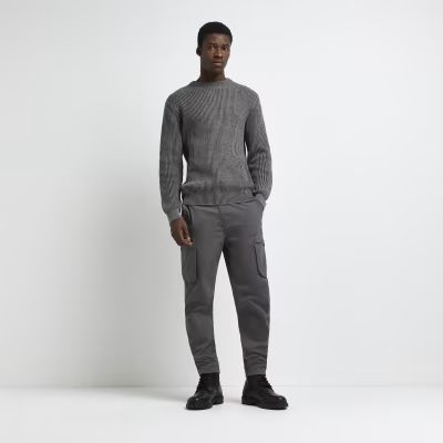 Grey slim fit plaited rib knitted jumper | River Island (UK & IE)