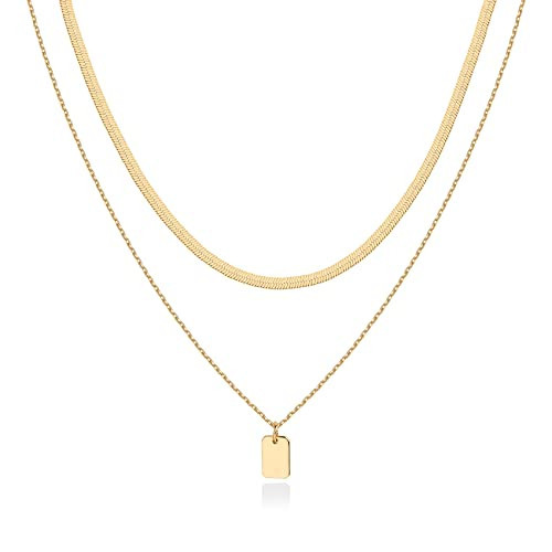 PAVOI 14K Gold Plated Layered Necklace with Dog Tag Pendant | Layering Necklaces for Women with Herringbone/Snake Chain | Trendy Pendant Necklace for Women (Yellow Plated) | Amazon (US)