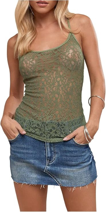 OYOANGLE Women's Lace Sheer Scoop Neck Cami Top Spaghetti Strap Tank Tops Slim Fitted Camisole | Amazon (US)