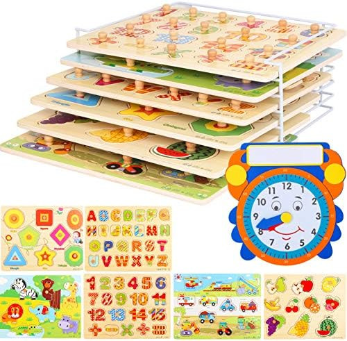 Wooden Toddler Puzzles and Rack Set - (6 Pack) Bundle with Storage Holder Rack and Learning Clock... | Amazon (US)