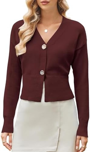 Women V Neck Cropped Cardigan Sweaters Fitted Long Sleeve Fall Button Up Chunky Knit Cardigans Sh... | Amazon (US)