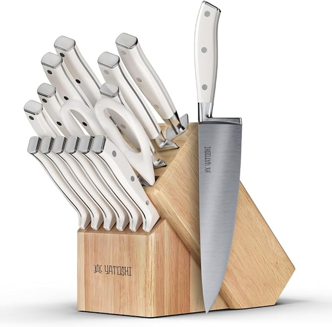 Yatoshi 15 Piece White Knife Block Set - Pro Kitchen Knife Set Ultra Sharp High Carbon Stainless ... | Amazon (US)