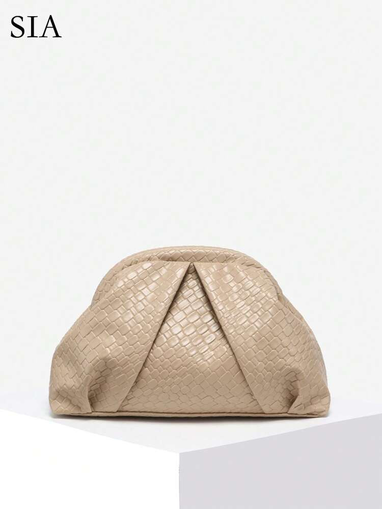 Women's Vintage Minimalist Beaded Sequin Tropical Plant Woven Embossed Angola Red Rivet Decor Large Capacity Pleated Cloud Clip Clutch Handbag, Suitable For Parties, Outings, And Daily Wear | SHEIN