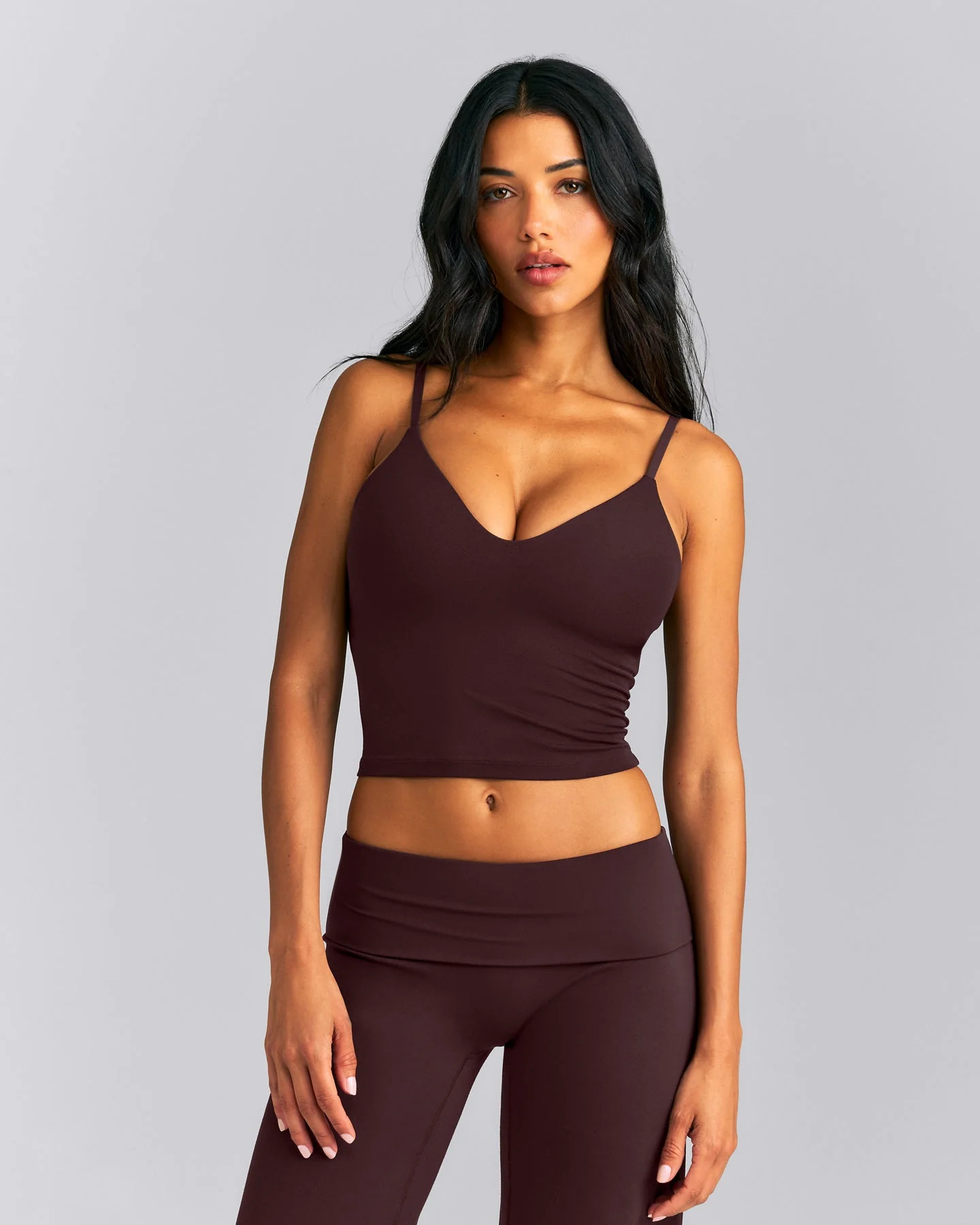SoftMotion\u2122 Adjustable V Neck Mid Tank Top with Built in Bra Shelf New Branding 
 Plum Brown | Oner Active (UK / US)