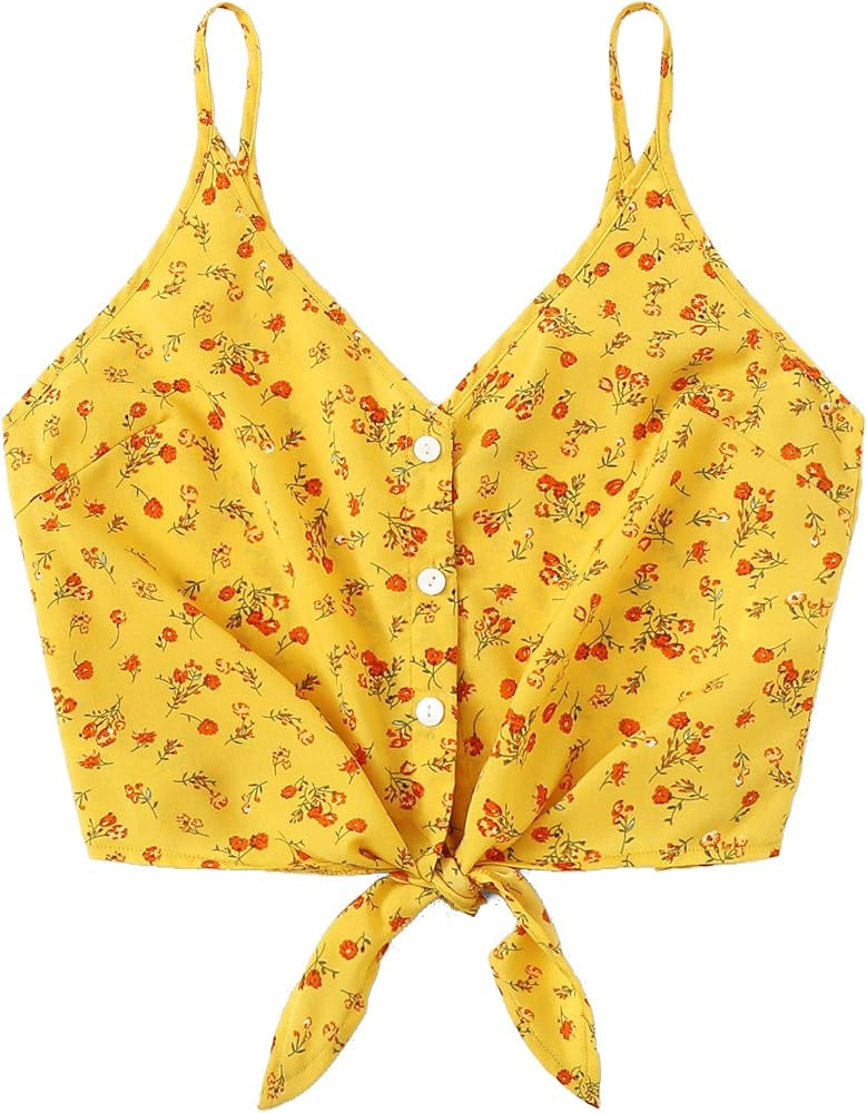 MakeMeChic Women's Casual V Neck Button Self Tie Front Crop Cami Tops Camisole | Amazon (US)