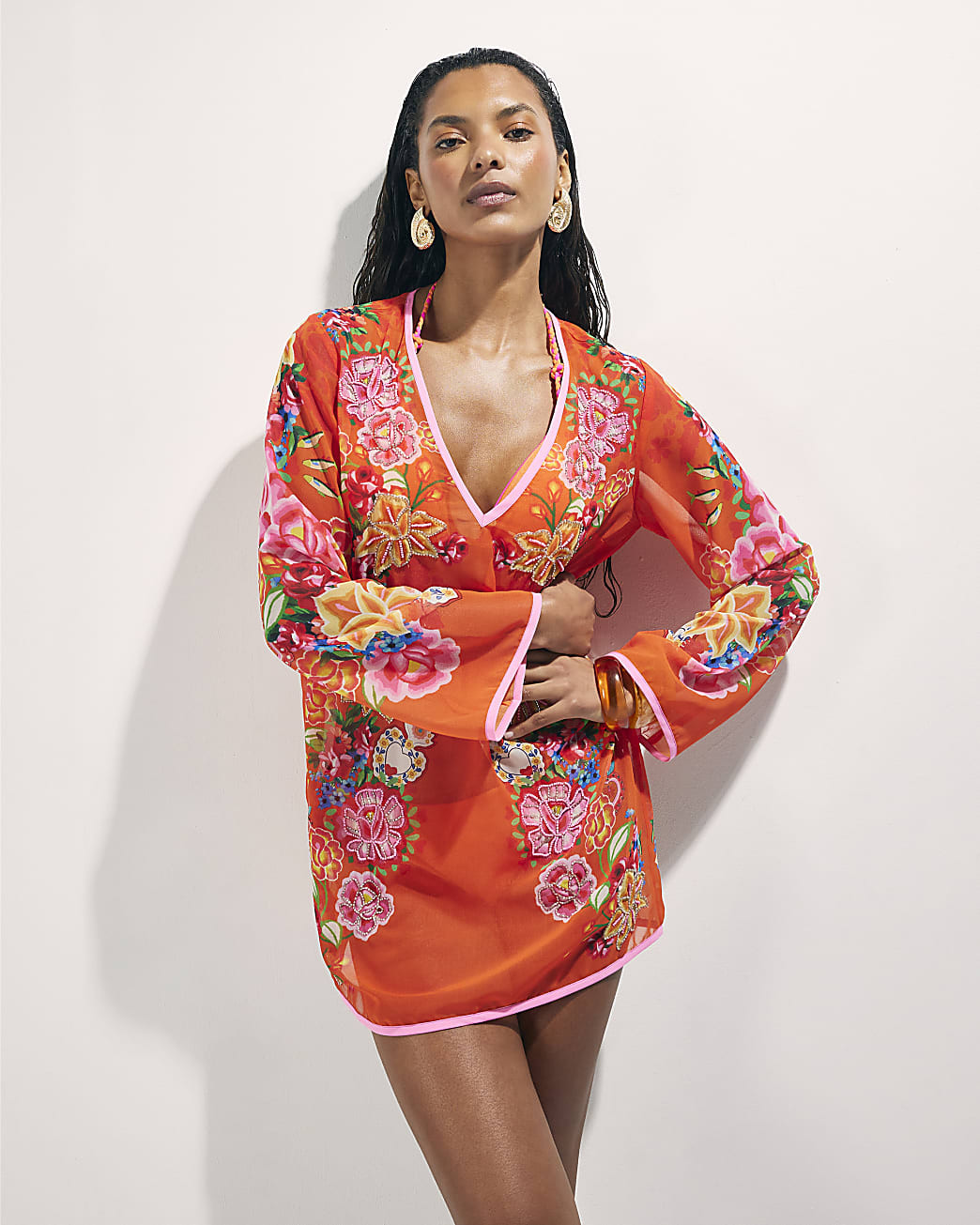Orange Floral Tunic Beach Dress | River Island UK & IE