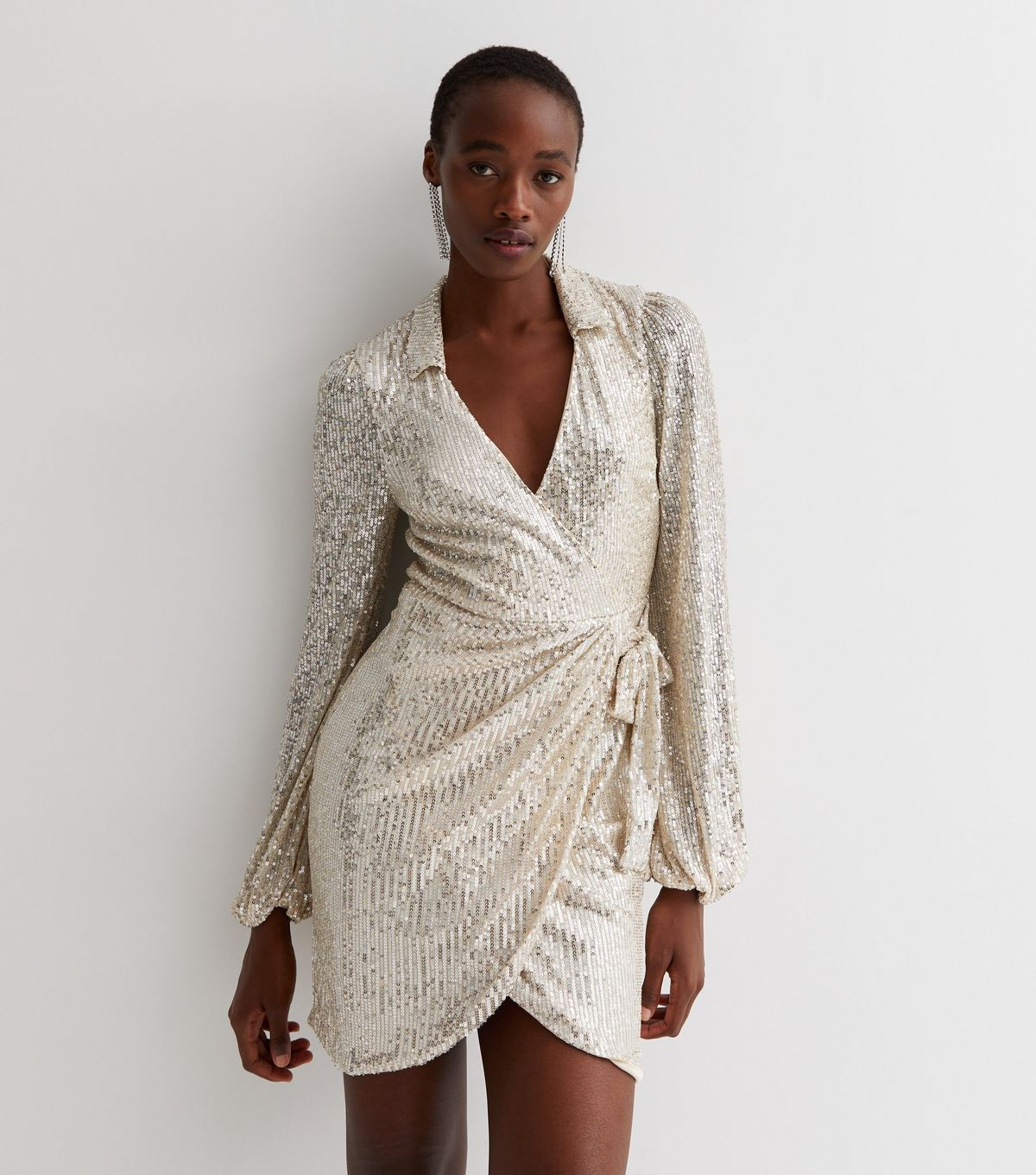 Tall Silver Sequin Collared Long Sleeve Mini Wrap Dress | New Look | New Look (UK)