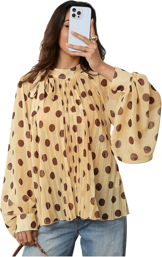 Floerns Women's Polka Dots Bishop Sleeve Shirts Tie Neck Mesh Blouse Tops | Amazon (US)