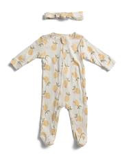 Newborn Girls Lemon Printed Coveralls And Headband | TJ Maxx
