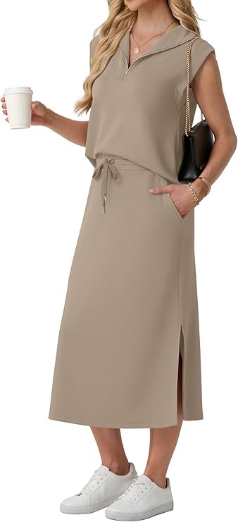 Lepunuo Women Skirt Sets 2 Piece Outfits Casual Half Zip Lapel Cap Sleeve Tops Split Maxi Skirt A... | Amazon (US)