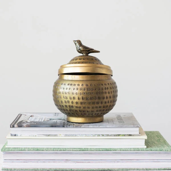 Feliberto Round Hammered Metal Container with Bird Finial | Wayfair North America