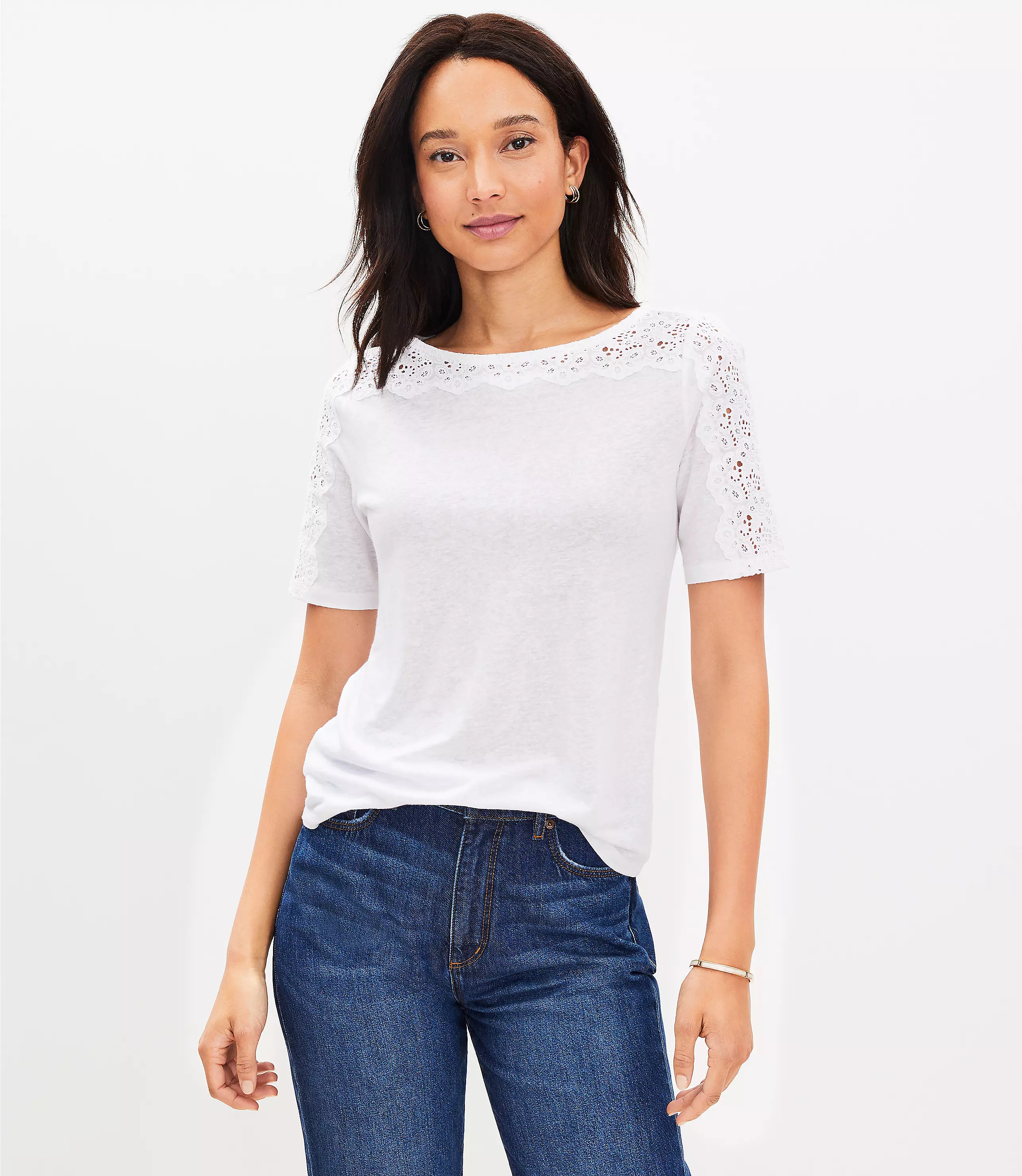 Lace Trim Linen Blend Tee | LOFT