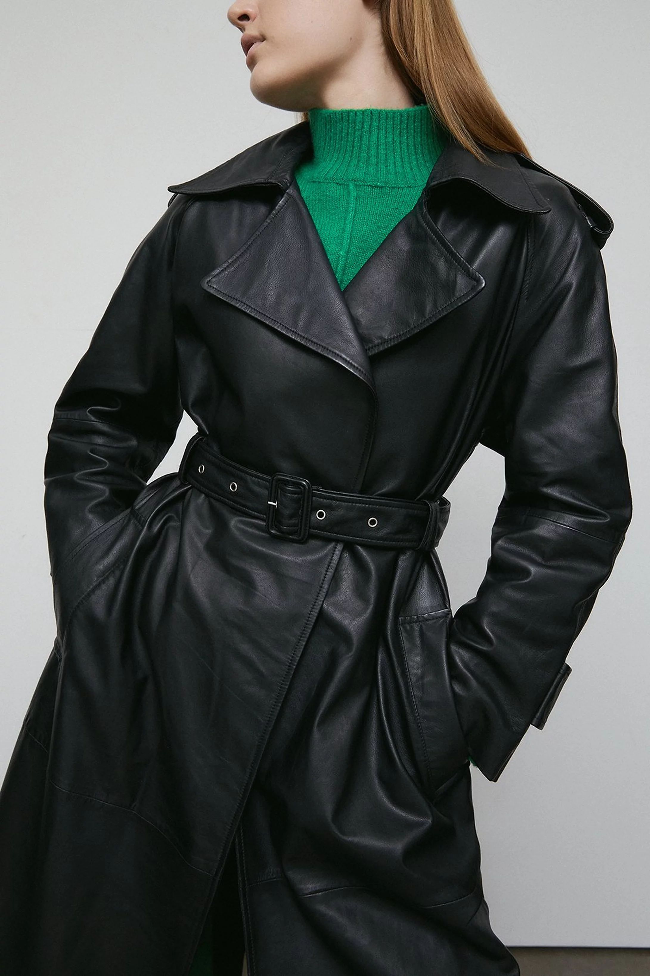 Real Leather Long Line Trench Coat | Warehouse UK & IE