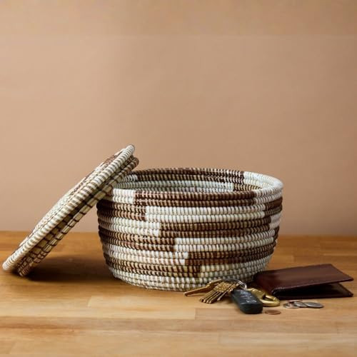 Key Basket with Lid for Entryway, Brown Pattern on White, Flat Lid, 10 Inch Wide | Amazon (US)