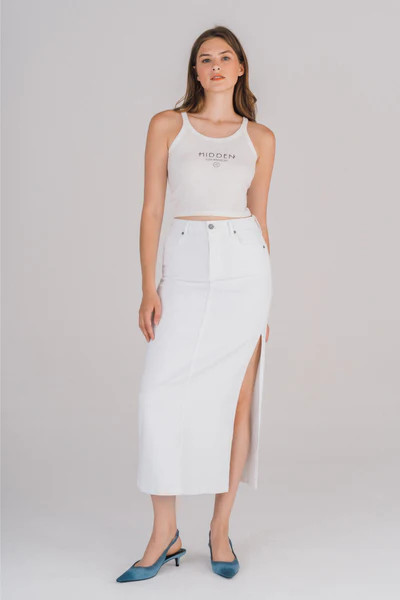 [PEYTON] WHITE SIDE SLIT STRETCH MIDI SKIRT | Hidden Jeans