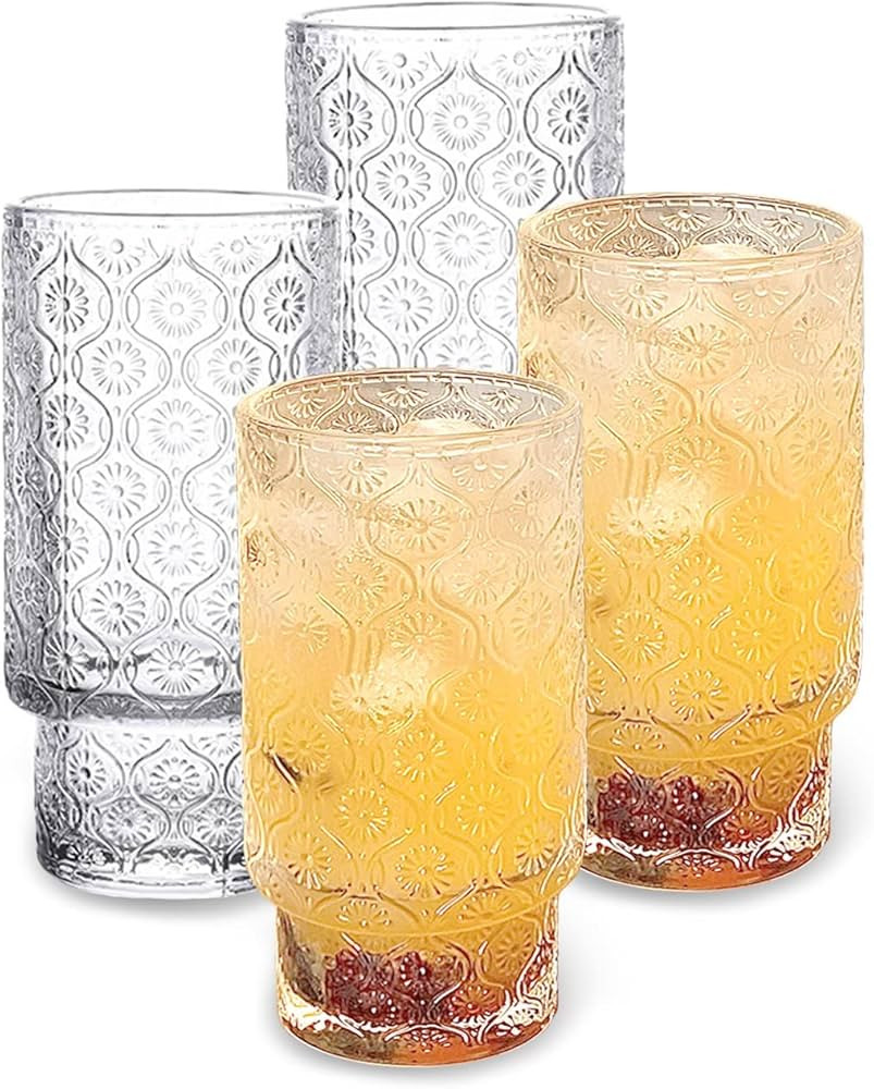 Glass Cups Vintage Glassware | Set of 4 Large, Embossed Stackable Pattern Style Transparent Cockt... | Amazon (US)