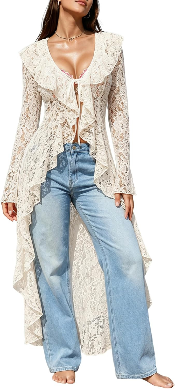 Lace Cardigan for Women Summer Floral Mesh Sheer Bell Long Sleeve Ruffled Collar Hem Tie Front Maxi Tops Dusters | Amazon (US)