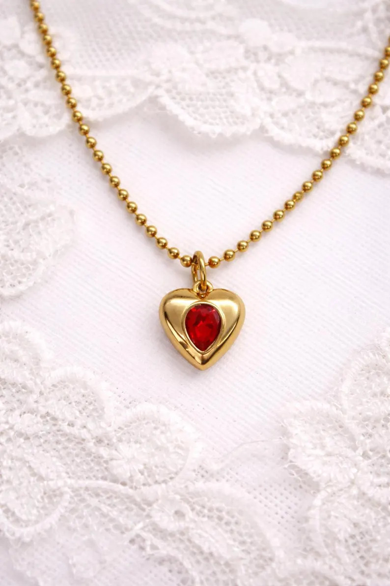 Crimson Heart Amulet Necklace, Gold Heart Pendant With Red Crystal, Stainless Steel, Vintage Styl... | Etsy (US)