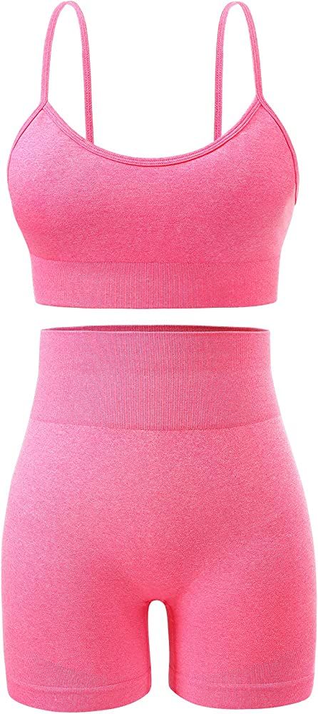 Seamless Workout Sets for Women 2 Piece Outfits High Waist Yoga Shorts Adjustable Padded Sports Bra  | Amazon (US)