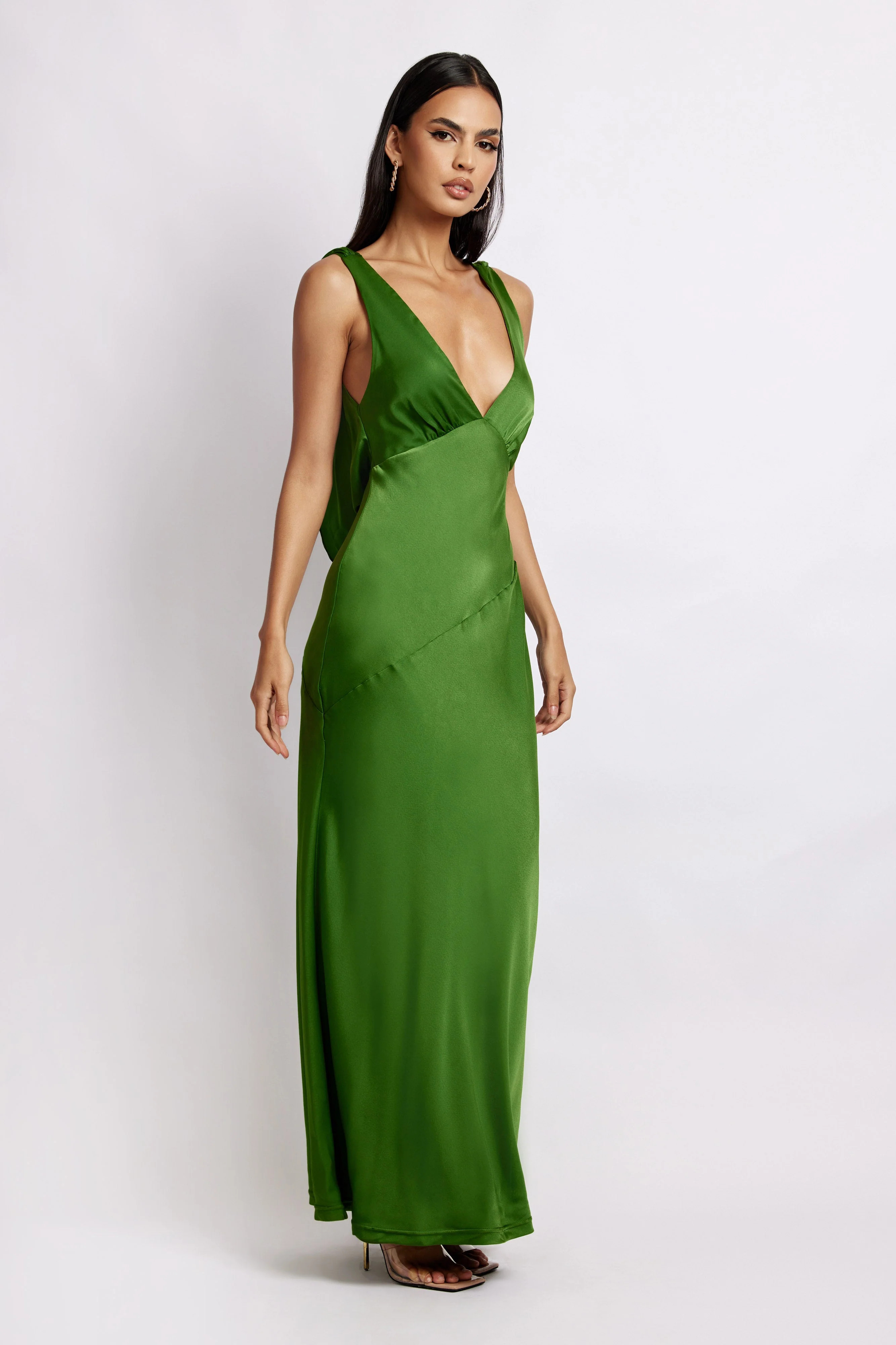 Nadia Maxi Satin Dress With Back Cowl - Emerald | MESHKI US