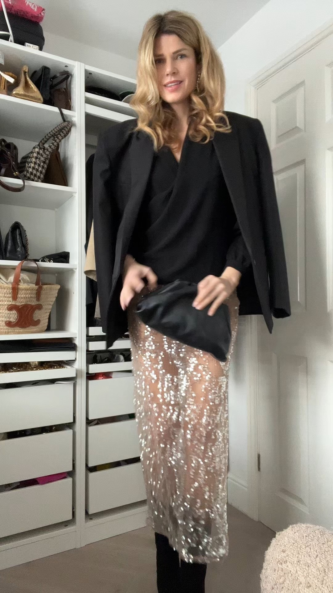 NYE outfits, leather trousers, sequin skirt, oversized blazer, clutch bag, demellier bag, 

#LTKwinter #LTKfestive #LTKeurope