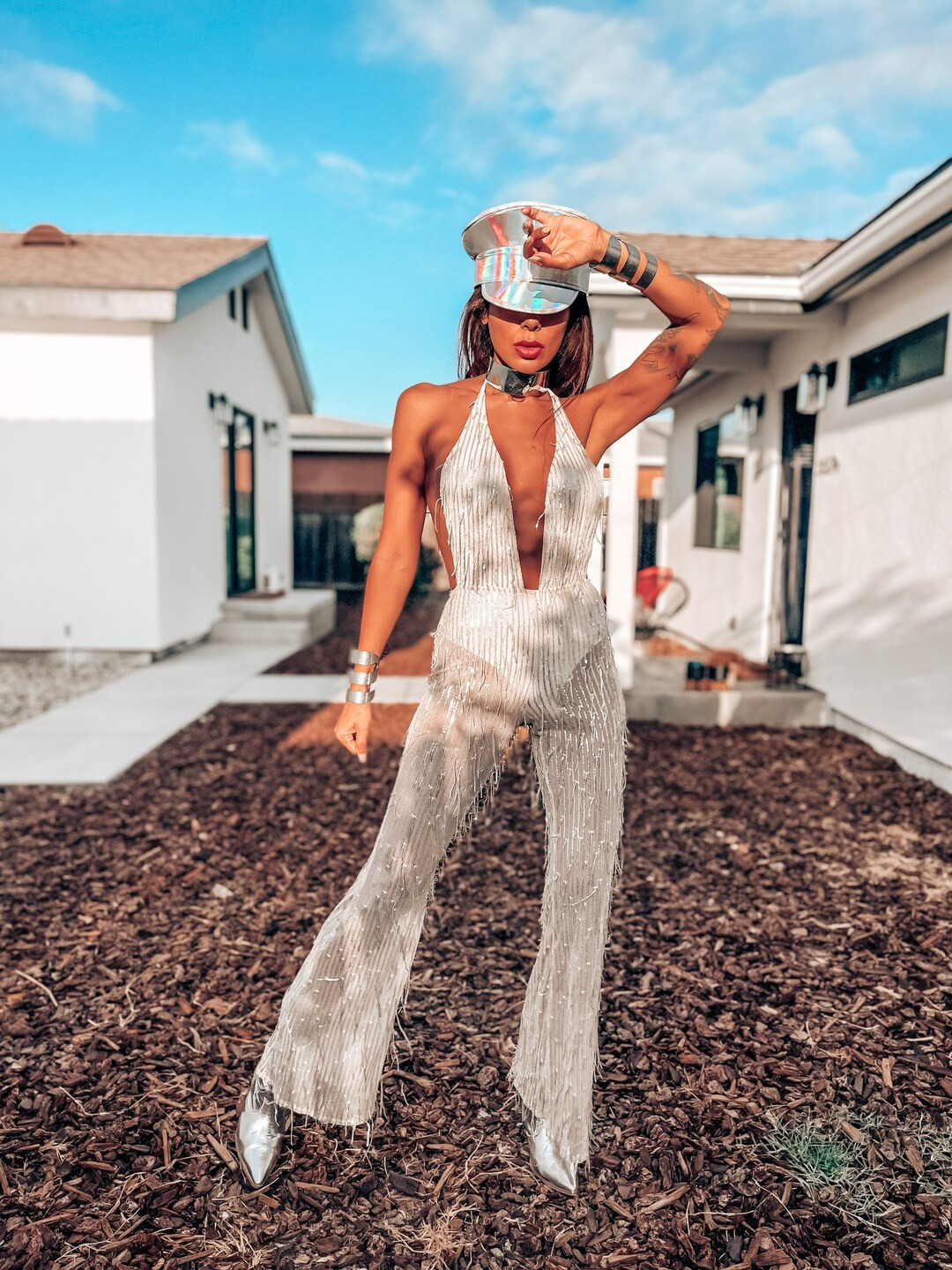 Festival Sequin Rave Flare Fringe Backless Jumpsuit Halloween Outfit Bachelorette Dress Engagemen... | Etsy (US)