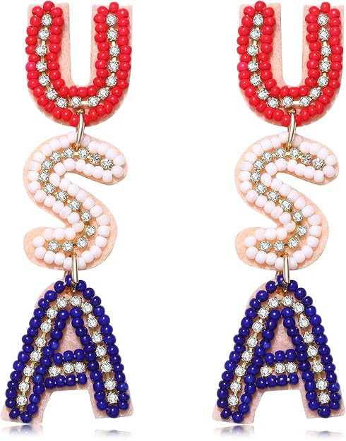 4th of July Earrings, 4th of July Outfits for Women, Patriotic Letter USA Earrings, Beaded Americ... | Amazon (US)
