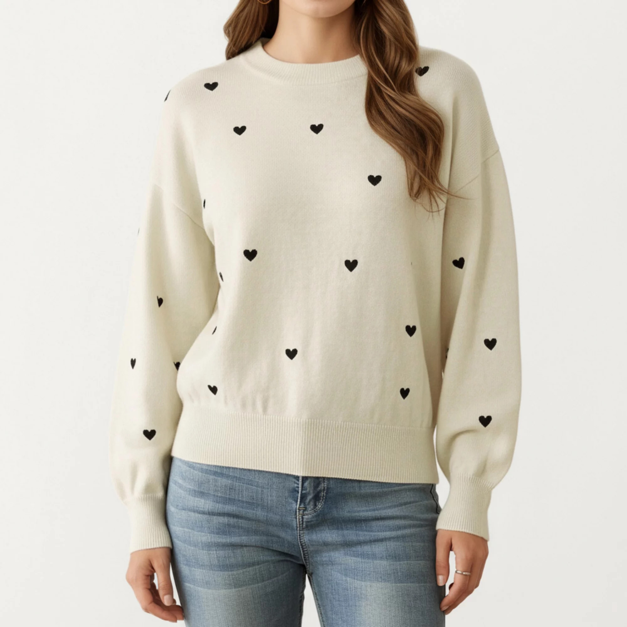 Women's Long Sleeve Heart Pattern Knit Sweater with Ribbed Trim | Kohl's