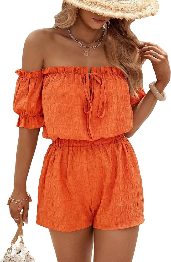 MakeMeChic Women's Summer 2 Piece Outfits Off Shoulder Puff Sleeve Tie Front Blouse Top and Short... | Amazon (US)