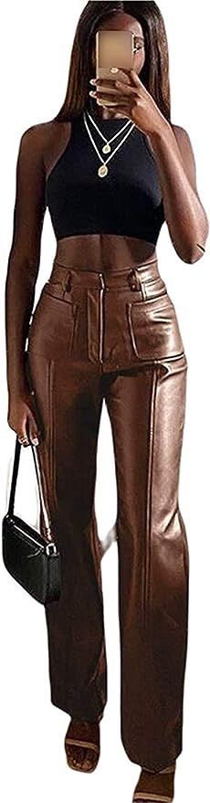 Shuyun Women Faux Leather Pants Solid Color High Waist Straight Wide Leg Leggings Slim Fit Trouse... | Amazon (US)