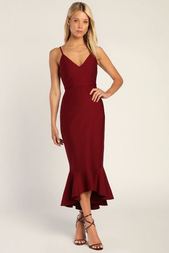 Stun Like Me Wine Red Bodycon Trumpet Hem Midi Dress | Lulus (US)