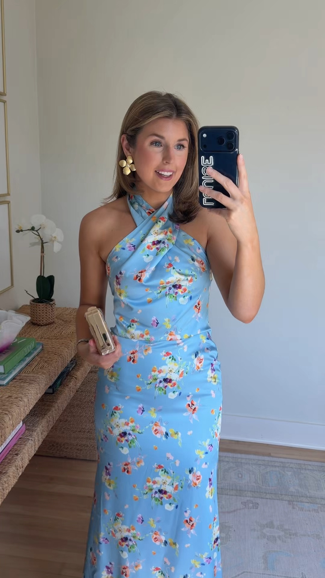 Blue floral wedding guest dress for spring and summer! Wearing a 4