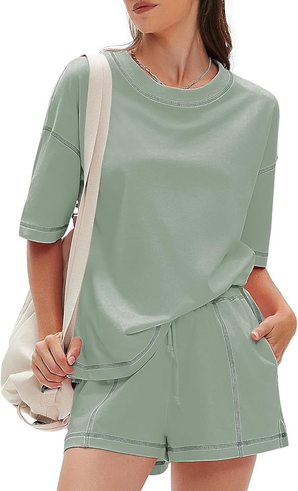 EXLURA Women's Casual Summer 2 Piece Sets 100% Cotton Short Sleeve Tshirt and Shorts Matching Swe... | Amazon (US)