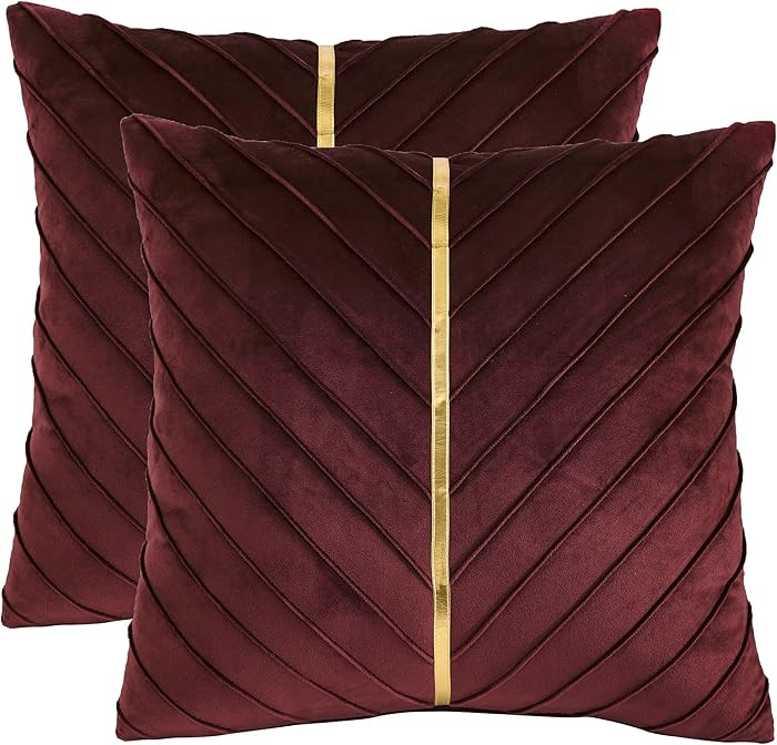 Tosleo Burgundy Velvet Throw Pillow Covers 18 x18 inch Pack of 2 with Gold Leather Christmas Deco... | Amazon (US)