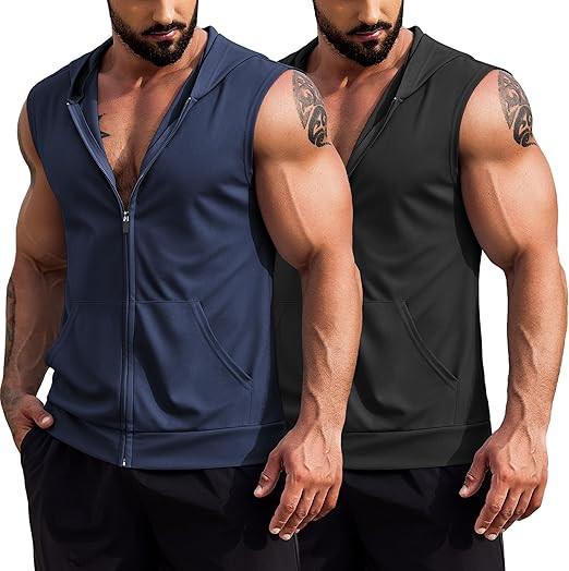 COOFANDY Men's Workout Hooded Tank Tops 2 Pack Zip Up Sleeveless Gym Shirts Muscle Cut Off T Shir... | Amazon (US)