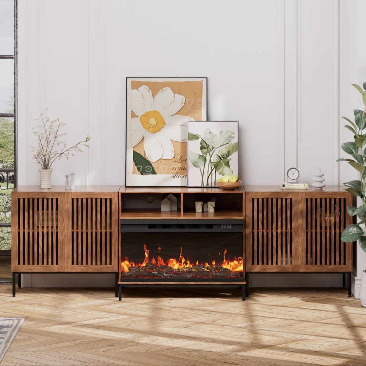 Latitude Run® 3-sided Glass Farmhouse Fireplace Tv Stand For Tvs Up To 100 Inch, Entertainment C... | Wayfair North America