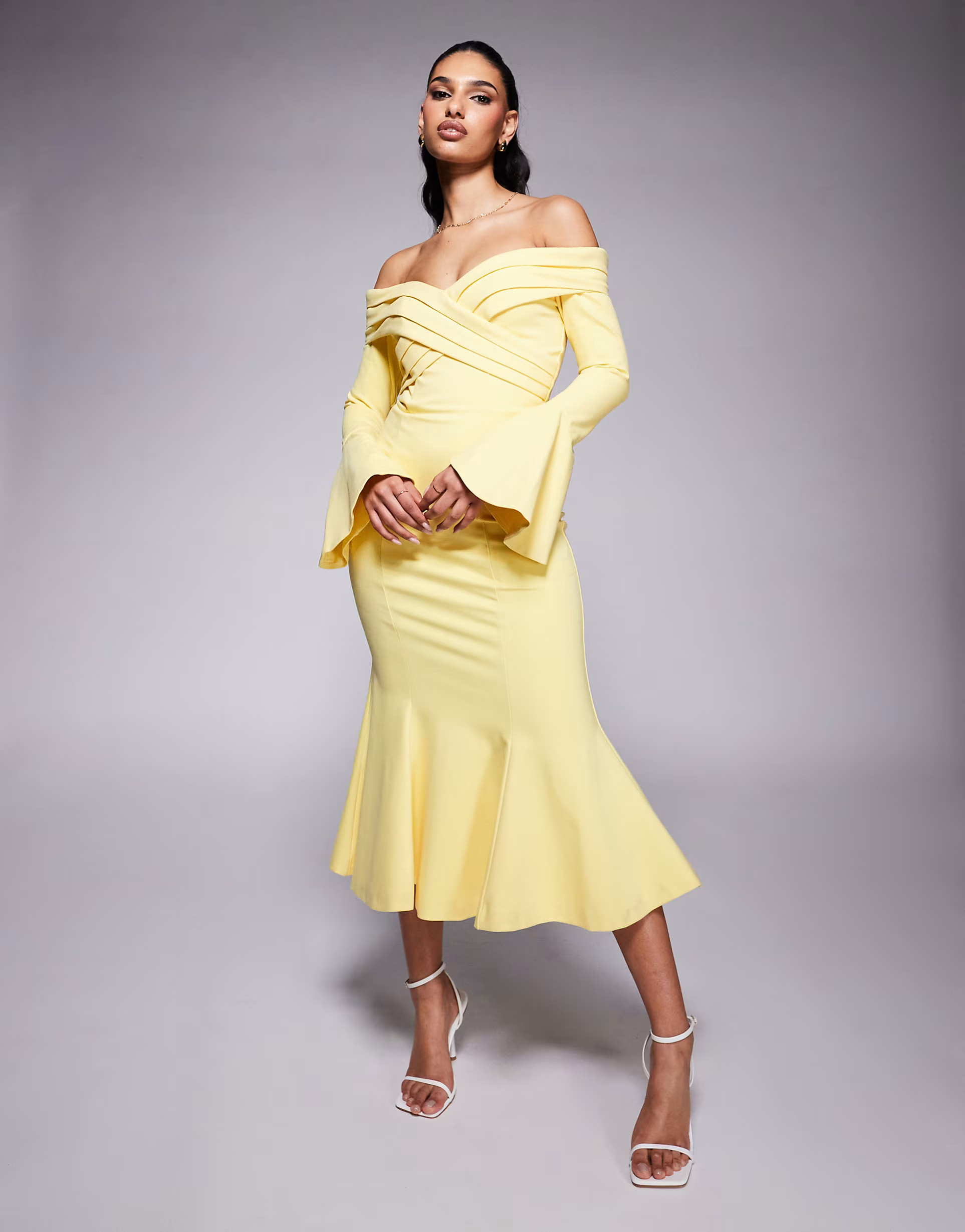 Lavish Alice off shoulder fit and flare long midi dress in yellow | ASOS | ASOS (Global)