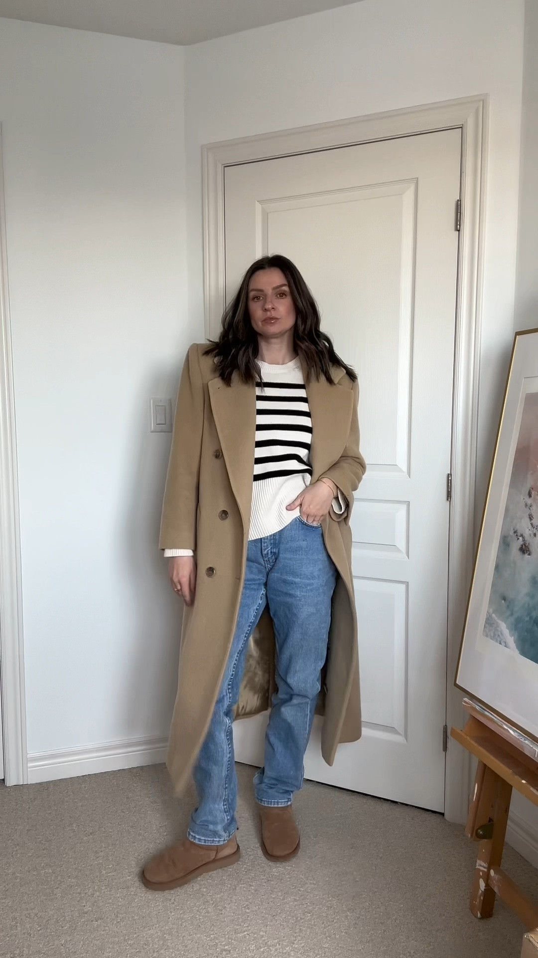winter outfit idea, winter coat, camel coat, winter outfits, striped sweater, vintage jeans, ugg ultra minis, simple outfit, capsule wardrobe

#LTKworkwear #LTKstyletip #LTKSeasonal