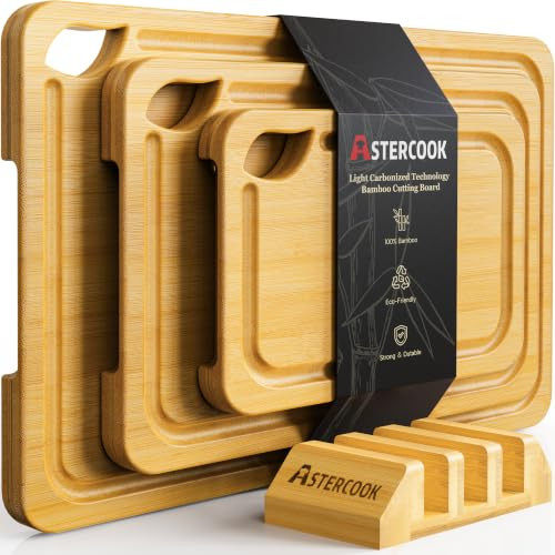 Astercook Nature Bamboo Cutting Boards for Kitchen with Wood Storage Stand, Reversible Charcuterie & Chopping Boards with Juice Grooves and Easy-Grip Handles | Amazon (US)