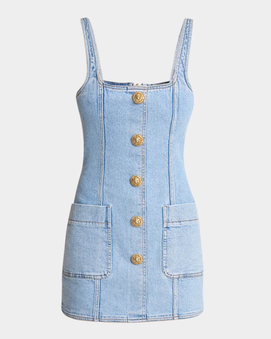 Balmain Denim Button-Front Sleeveless Mini Dress | Neiman Marcus
